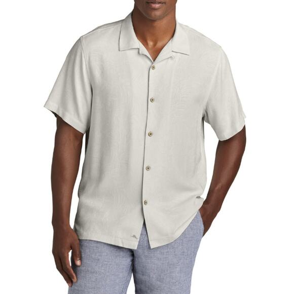 Tommy Bahama 100% Silk Camp Shirt Men L Cream Tropical Floral Jacquard Button Up - Picture 1 of 13
